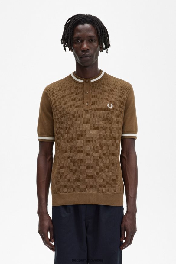 oblačila Fred Perry teksturiran spredaj pleten henley osenčen kamen moški JR84XT453