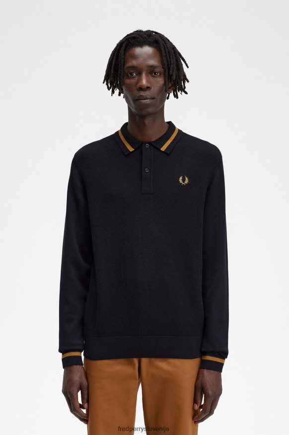 Fred Perry teksturirana pletena srajca črna sprednji pogled