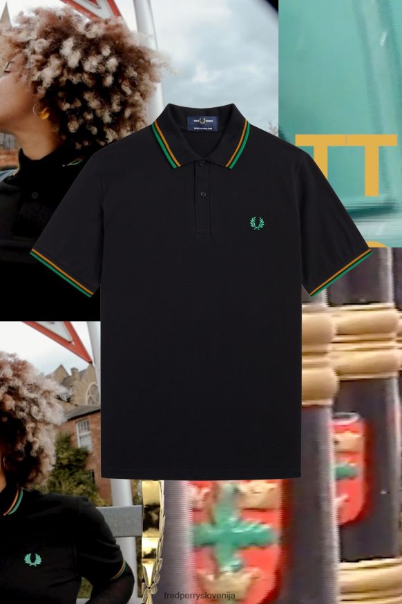 Fred Perry majica M12 črna z zlatim in zelenim detalji