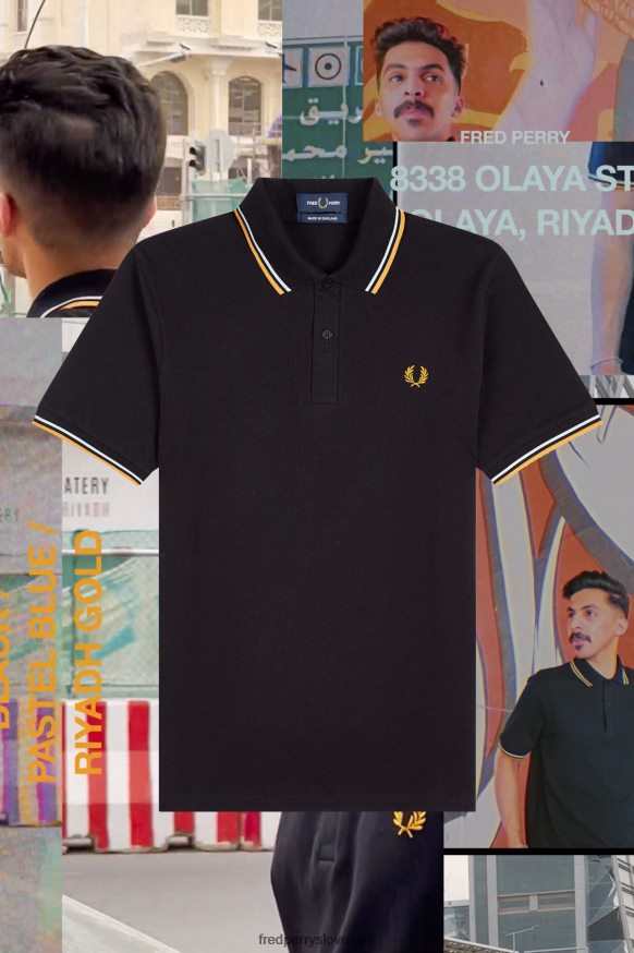 Fred Perry M12 Polo Majica Črna/Pastelna Modra/Gold Dreda