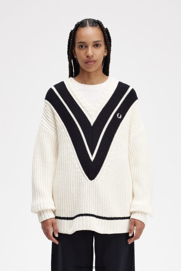 oblačila Fred Perry pulover z v-izrezom ekru ženske JR84XT687